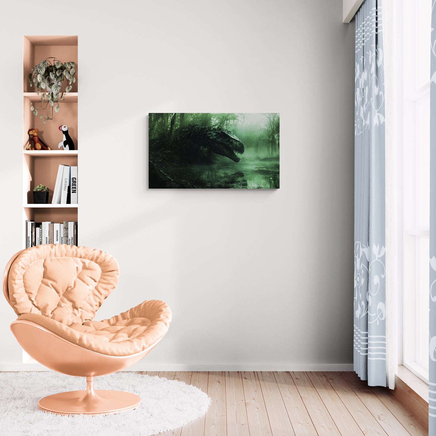 Brullende dinosaurus in mistige jungle - Canvas wandkunst