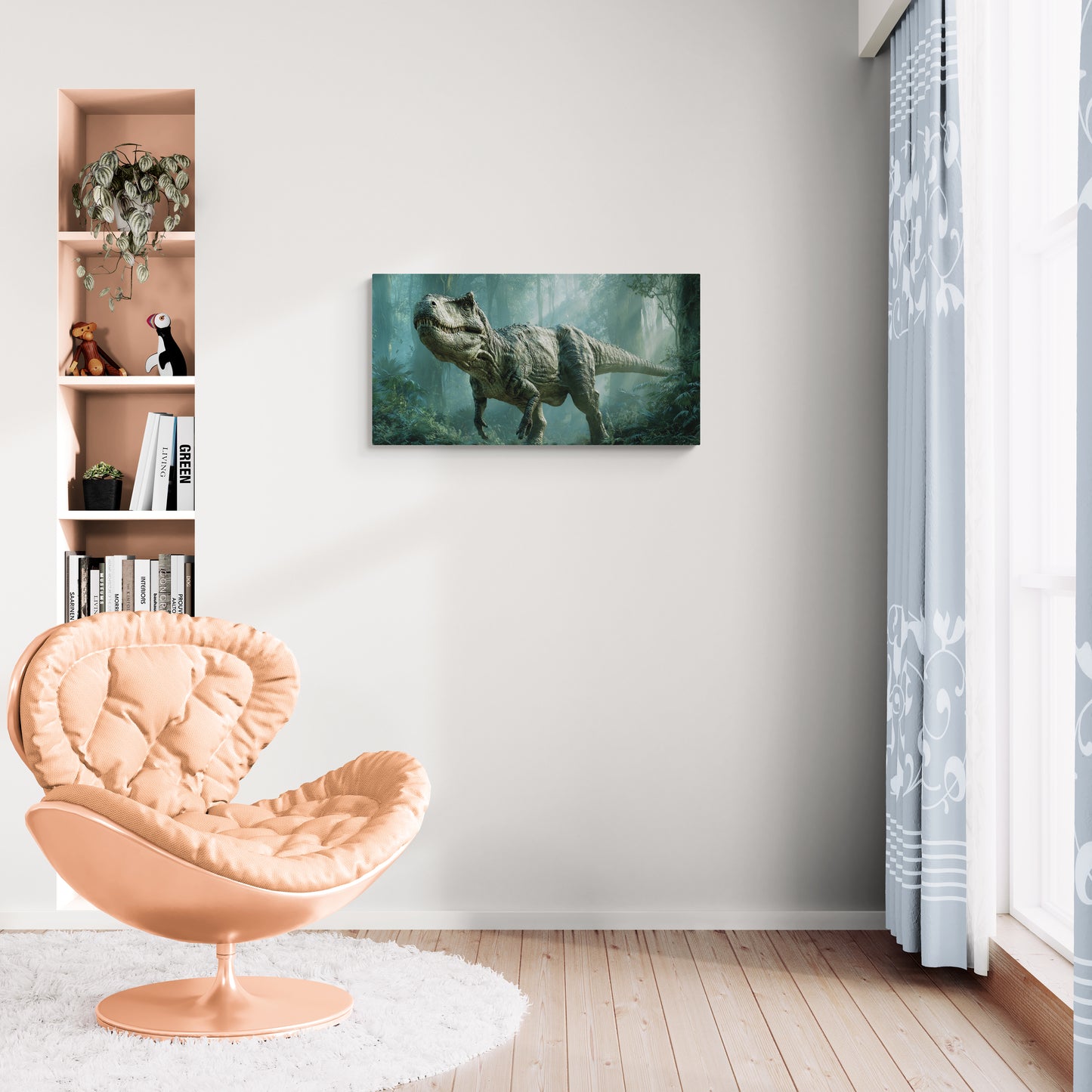 T-Rex loopt door dichte groene jungle in realistische daglichtscène - Canvas wanddecoratie