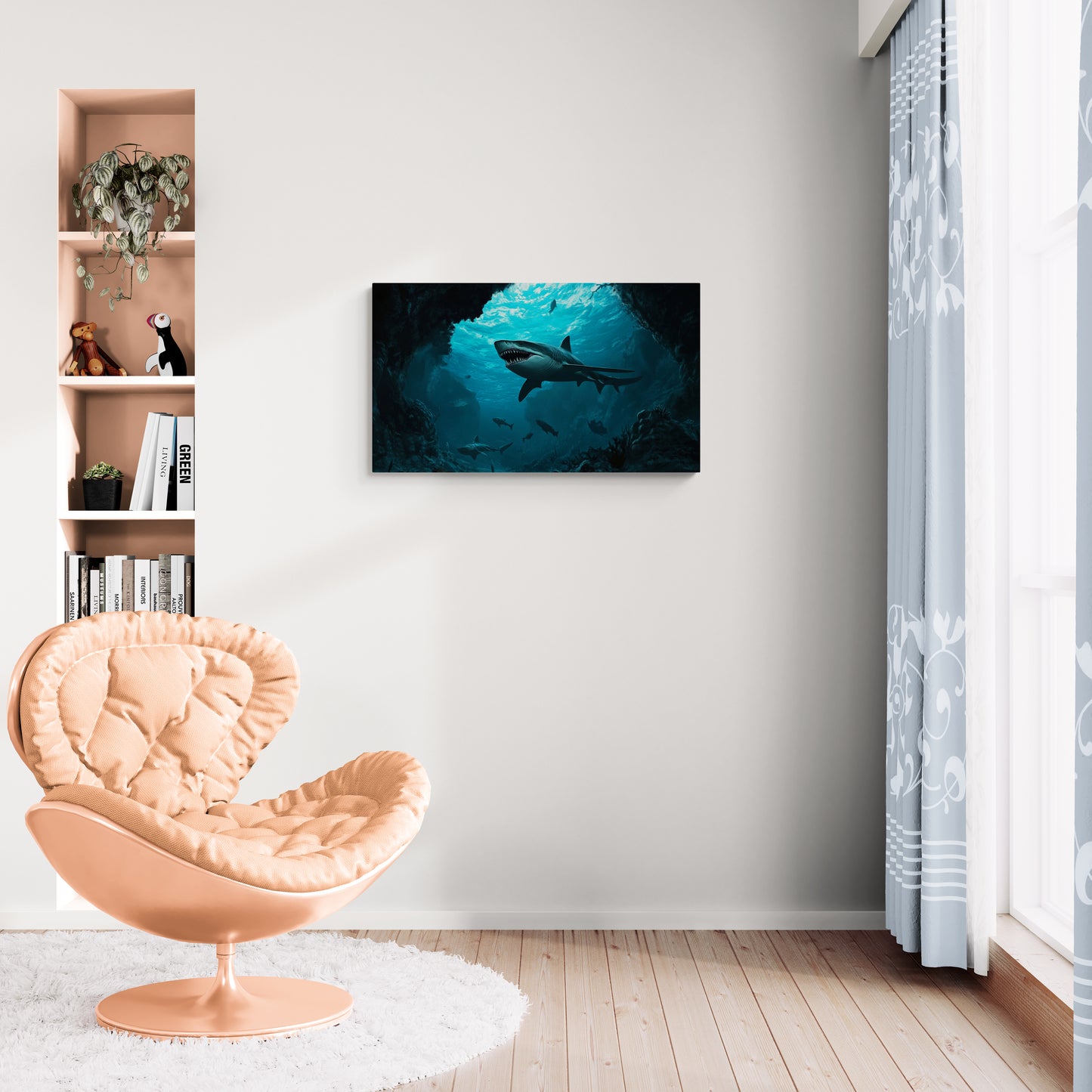 Haai zwemt door diepe oceaangrot omringd door vissen en licht - Canvas wanddecoratie