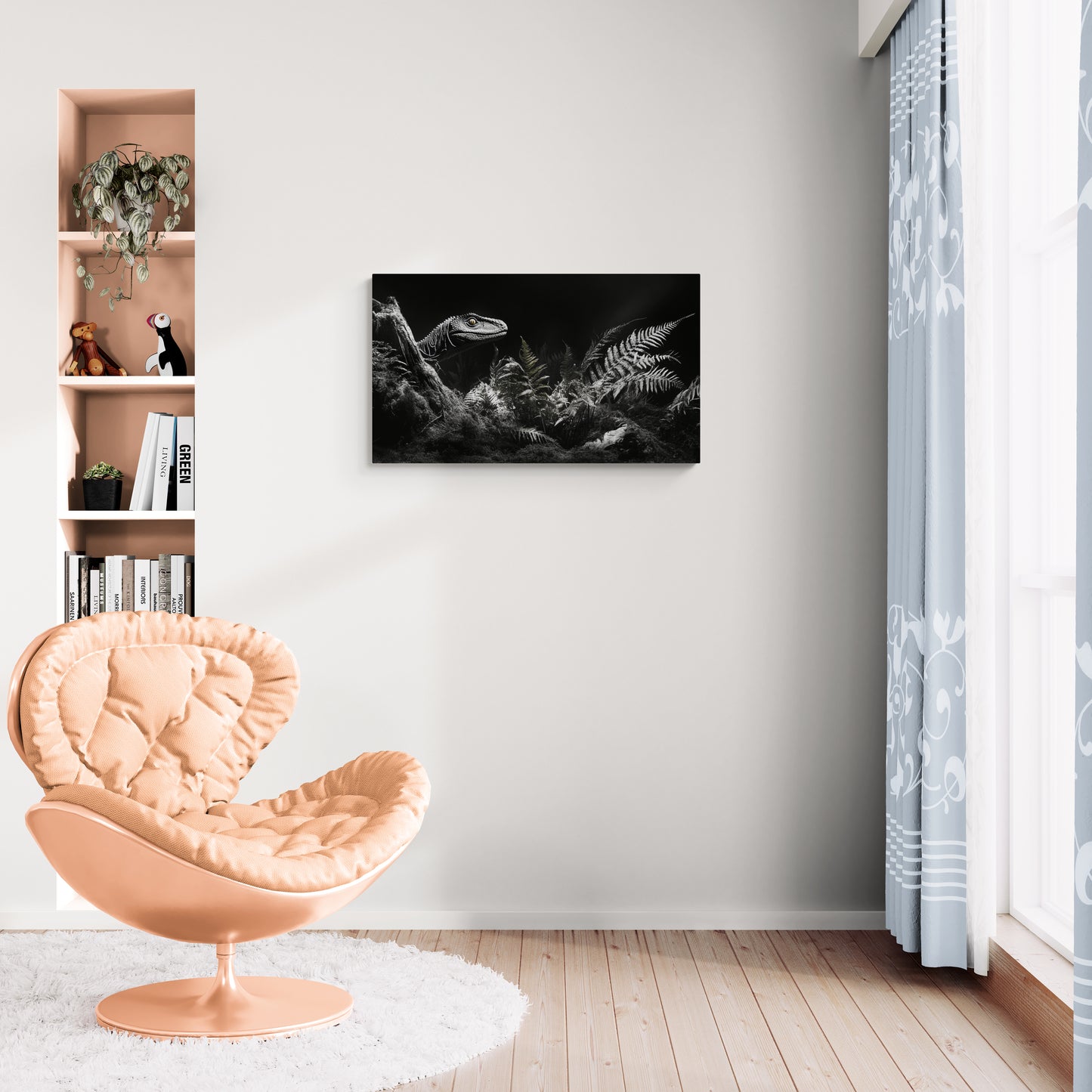 Velociraptor in schaduwrijke jungle met varens en zachte lichtaccenten - Canvas wanddecoratie