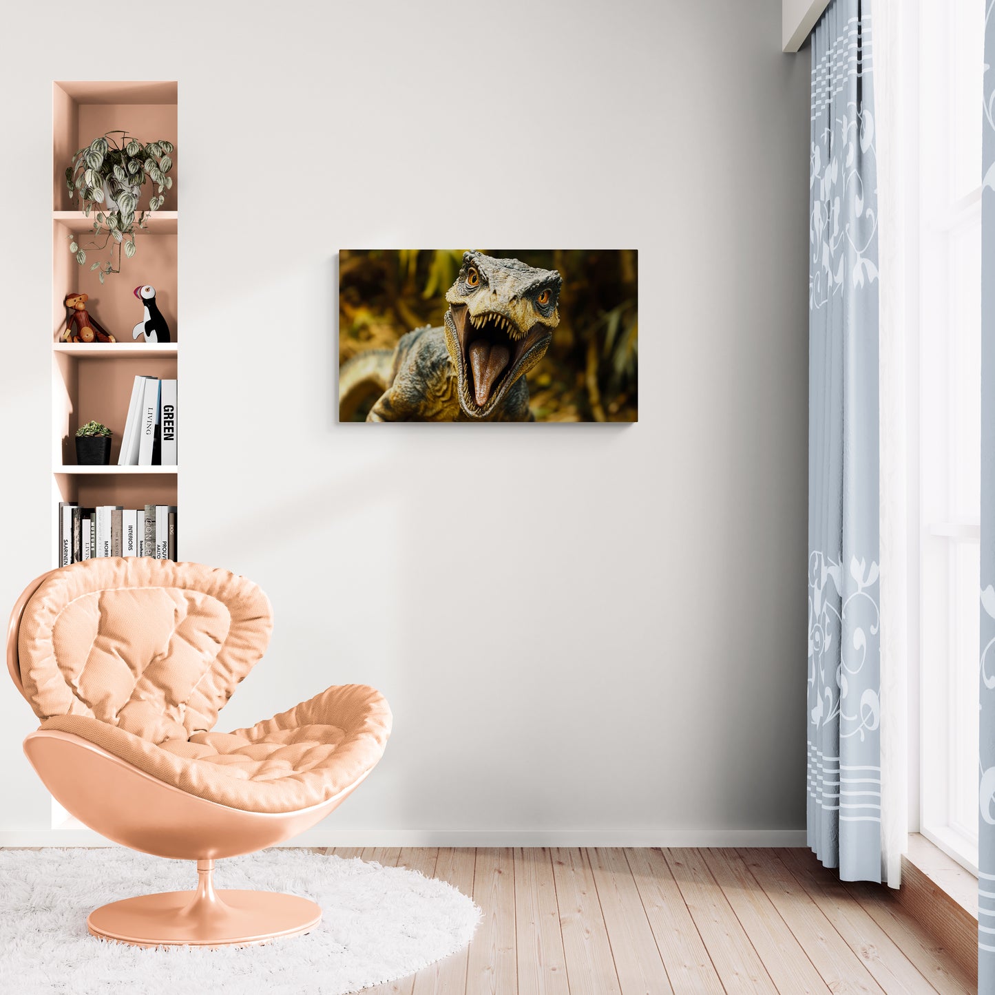 Roofvogel brult in de jungle met scherpe tanden en intense ogen – Canvas wanddecoratie