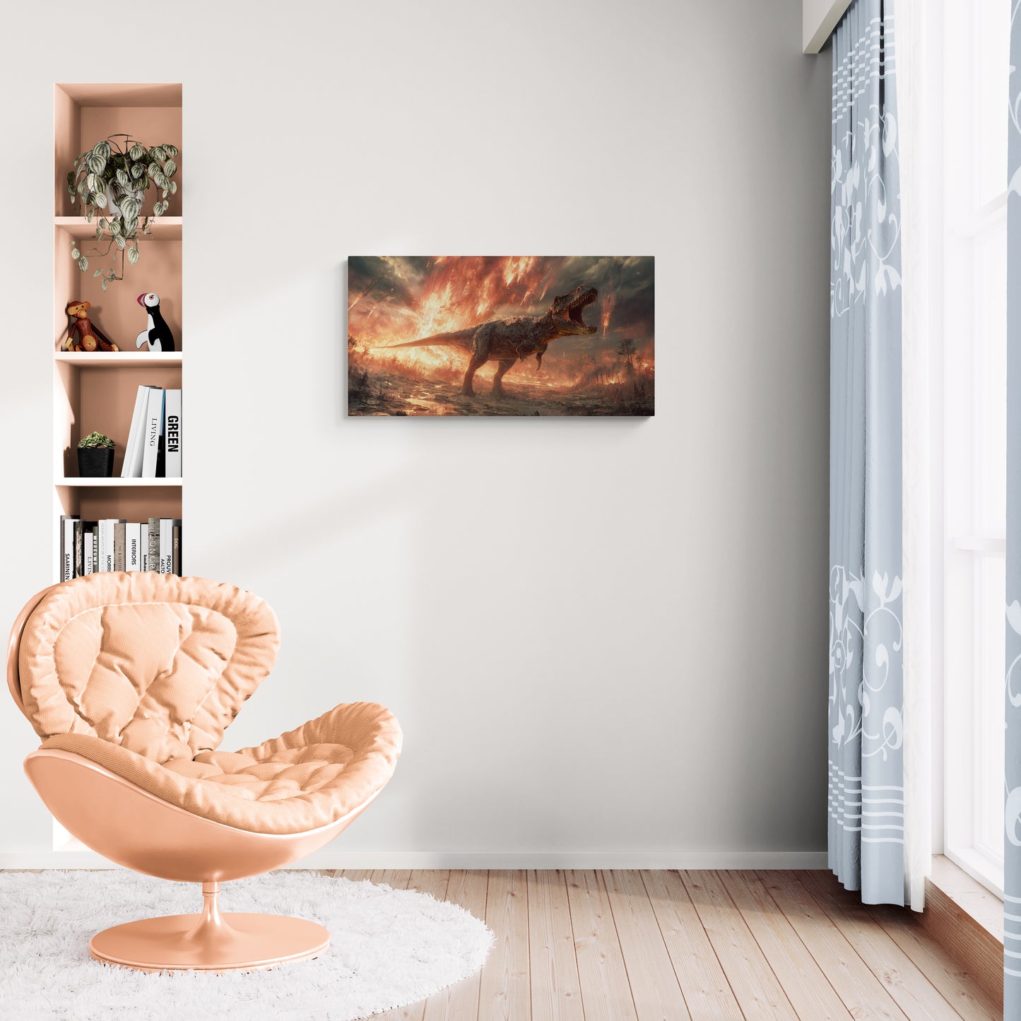 T-Rex brult in vulkanisch landschap met vuur- en aseffecten - Canvas wandkunst