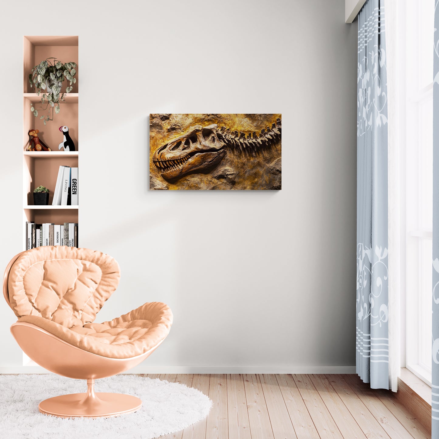 Dinosaurusfossiel met schedel en ruggengraat in steentextuur - Canvas wandkunst