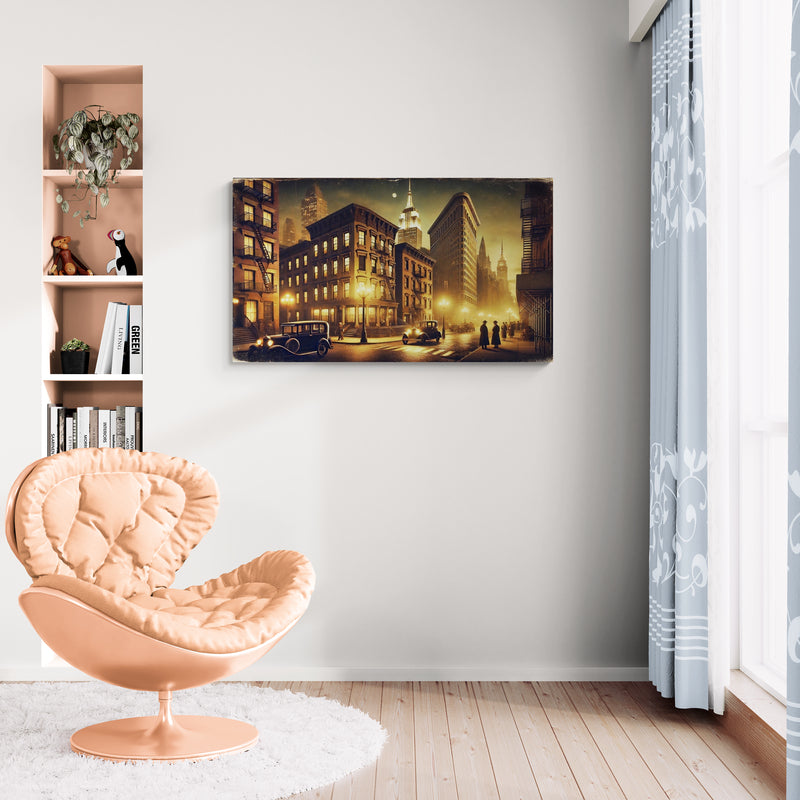 Vintage stadsstraatbeeld met klassieke auto's en nachtlampjes - Canvas wandkunst