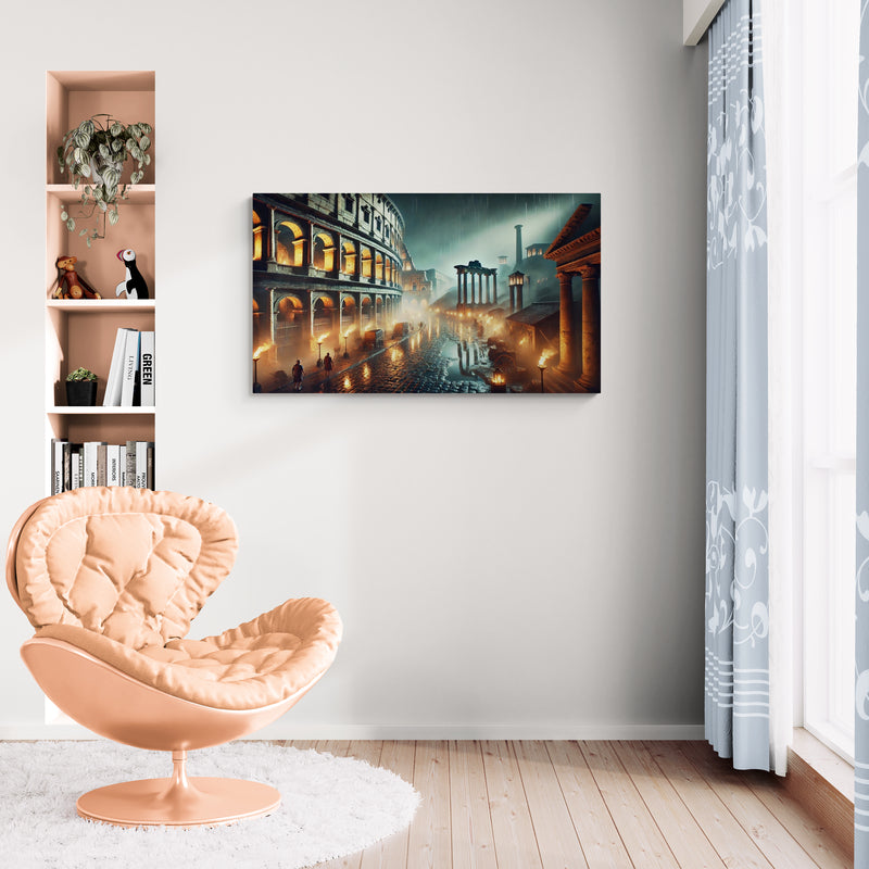 Oude Romeinse straatscène met het Colosseum en ruïnes bij nacht - Canvas wandkunst