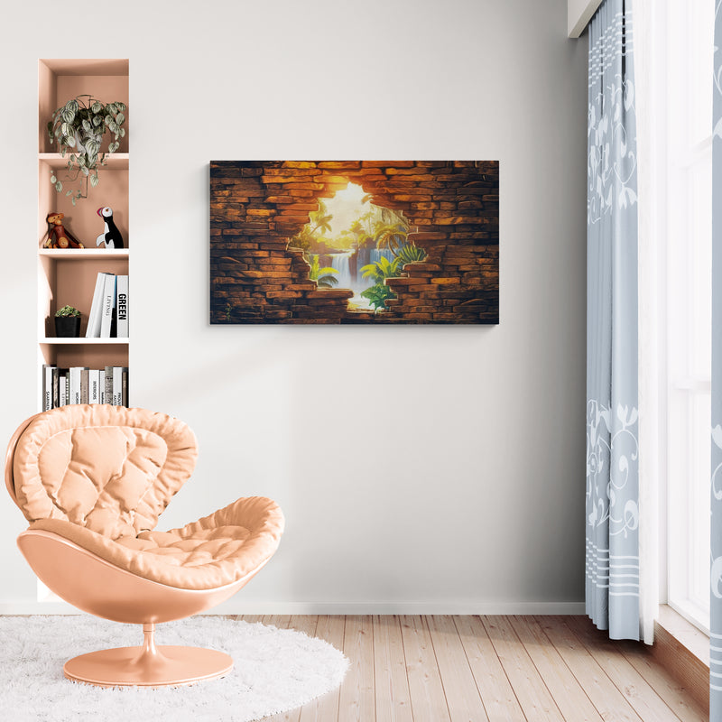 Tropisch junglezicht door stenen muuropening - Canvas wandkunst