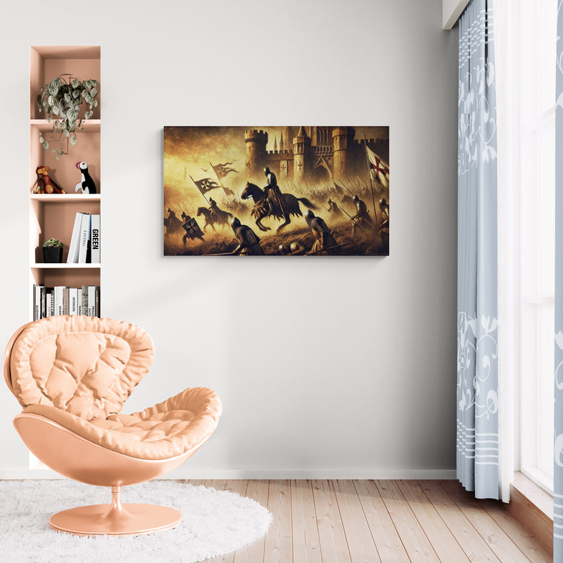 Middeleeuwse ridders vallen een fort aan in sepia. Slagscène – Canvas wanddecoratie