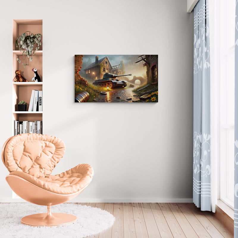 Historische militaire tank in regenachtig dorpslandschap bij zonsondergang - Canvas wandkunst