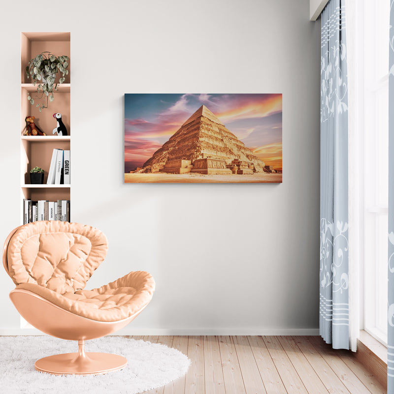 Trappiramide van Djoser in zonsonderganghemel met oud-Egyptisch ontwerp - Canvas wandkunst