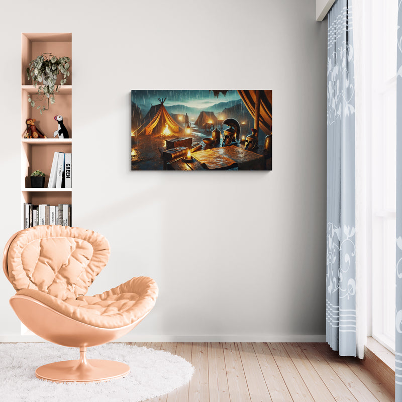 Oud Romeins militair kamp met tenten en harnassen in regenachtig landschap - Canvas wandkunst