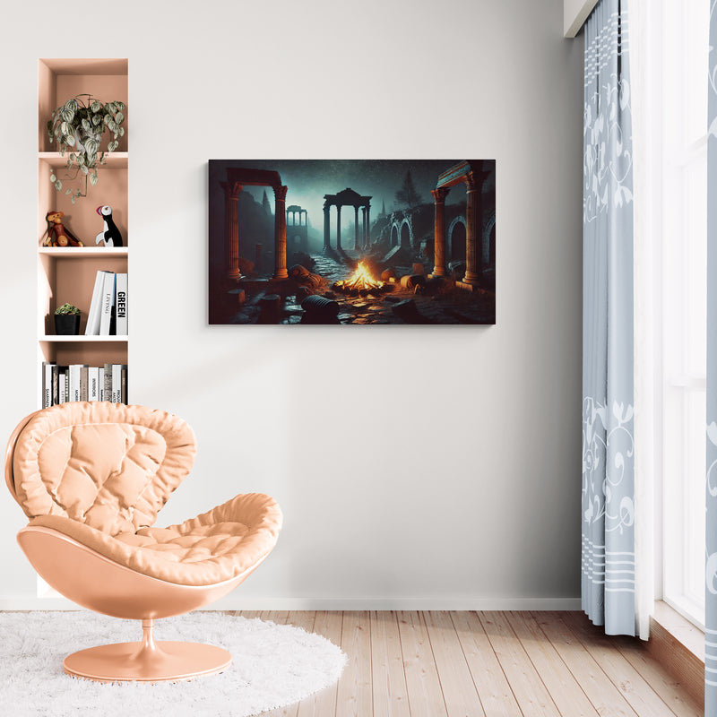 Oude Romeinse ruïnes met kampvuur in nachtscène - Canvas wandkunst