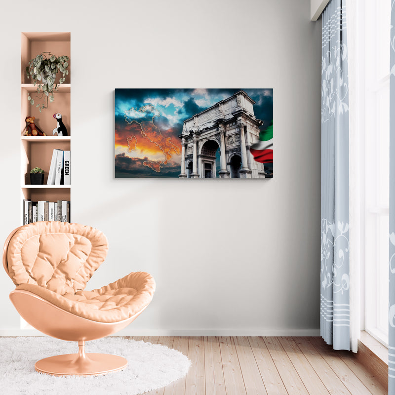 Antiek kompas op kaart met stadsgezicht - Canvas wandkunst