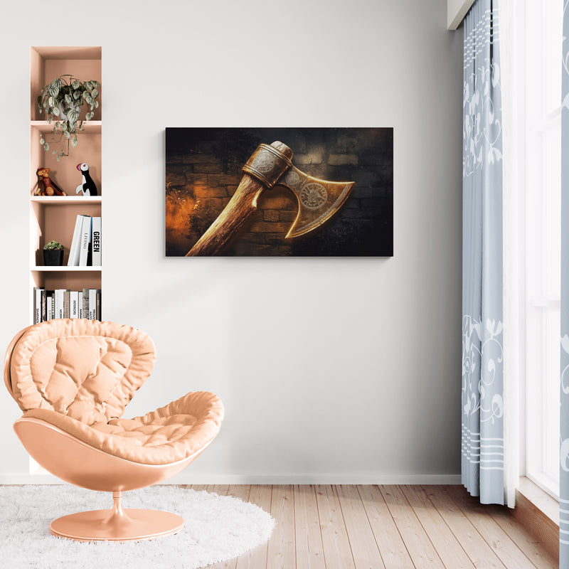 Decoratieve Vikingbijl op rustieke achtergrond - Canvas wandkunst