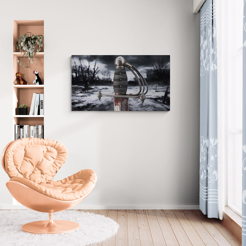 Canvaskunst met historisch zwaardgevest in winterlandschap