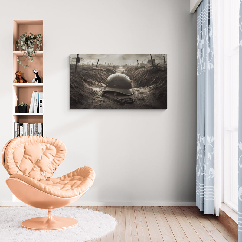 Scène met loopgraafhelm in sepiatinten op canvas