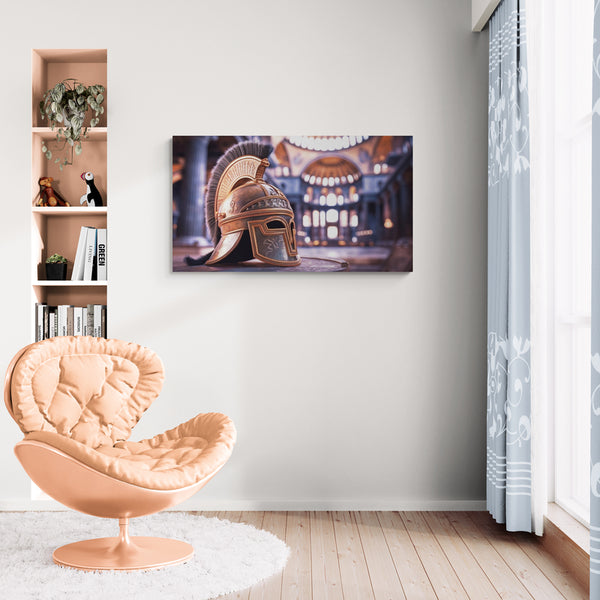 Golden Helmet Displayed in Sunlit Interior Setting