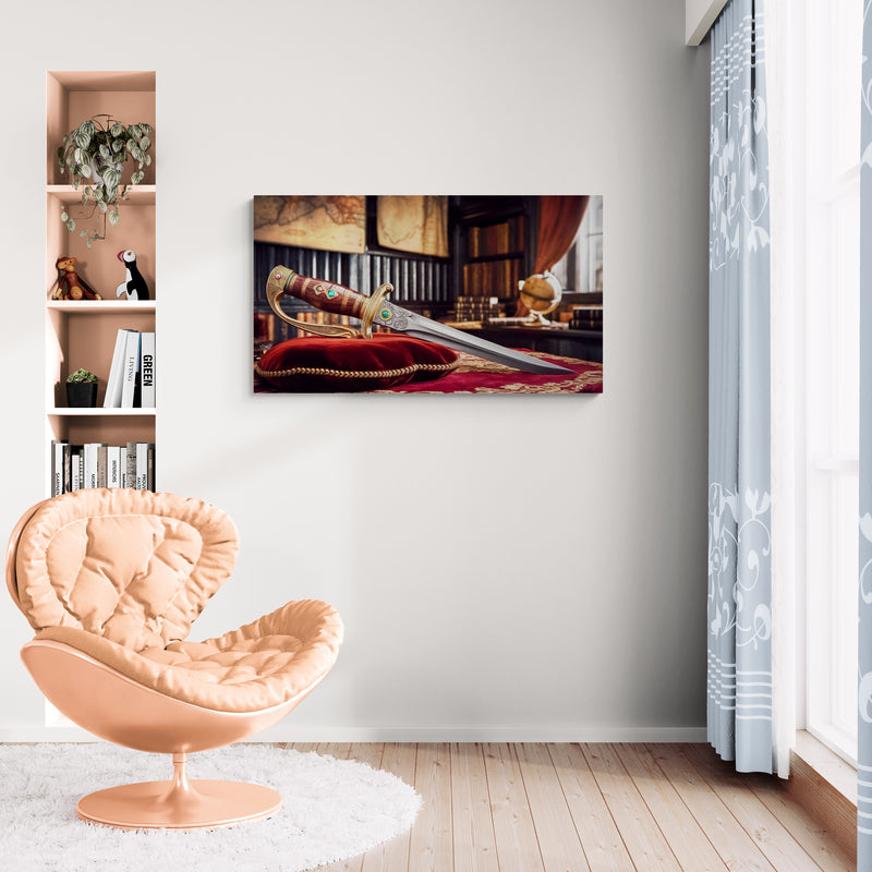 Decorative Dagger on Velvet Cushion in Antique Study – Canvas Wall Art