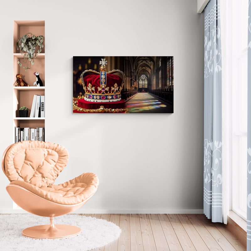 Koninklijke kroon in historische kathedraal met glas-in-loodlicht - Canvas wandkunst