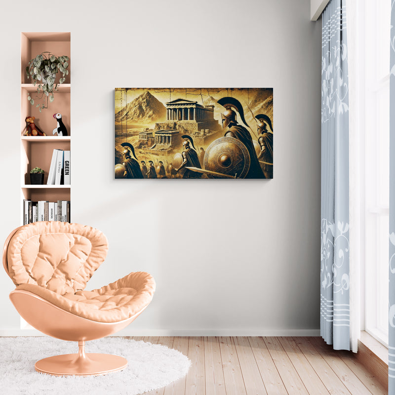Oude Griekse krijgers met historische tempels op de achtergrond - Canvas wandkunst