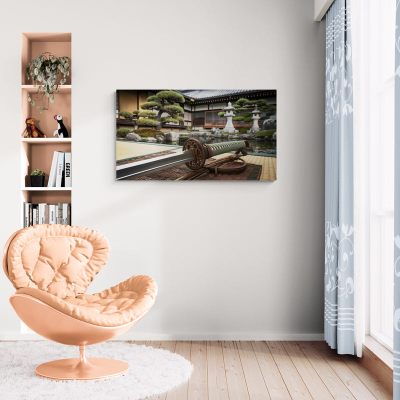 Japanse tuin met katana op tatami - Canvas wandkunst
