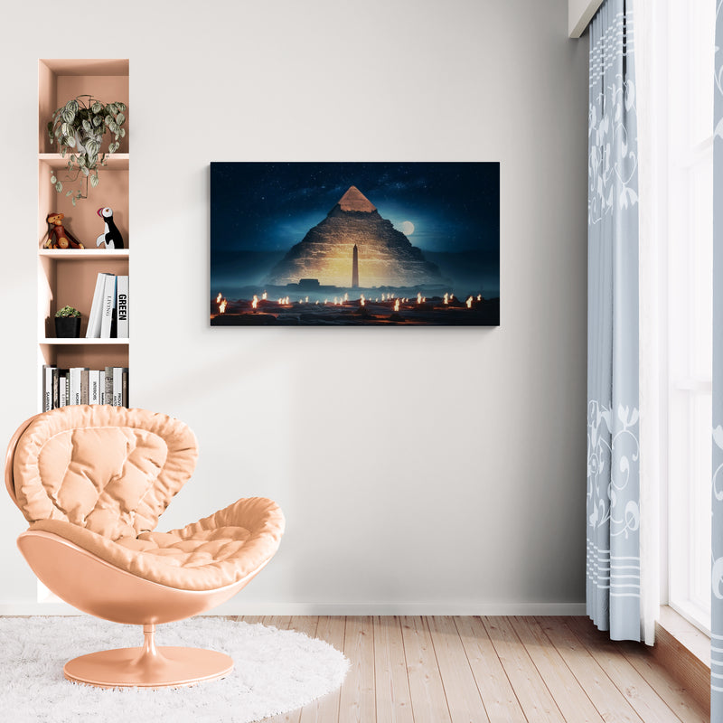 Piramide bij nacht met fakkelopdruk op canvas als wanddecoratie