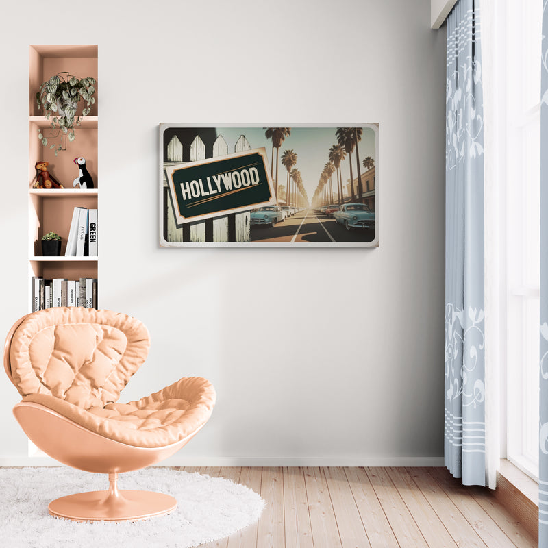 Vintage Hollywood Street View met palmbomen - Canvas wandkunst