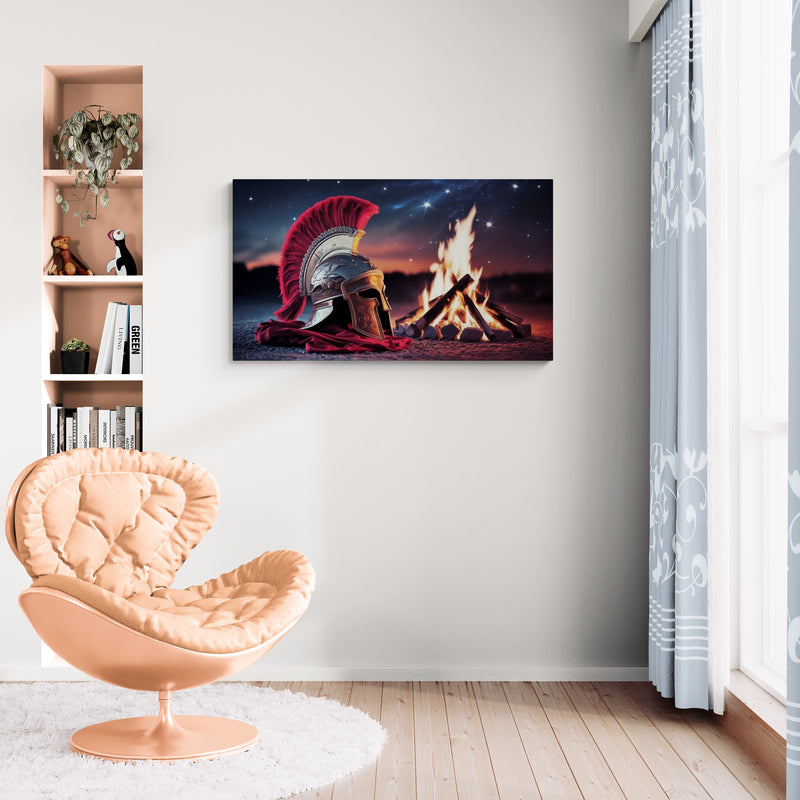 Romeinse helm bij Campfire - Historische nachtscène op canvas