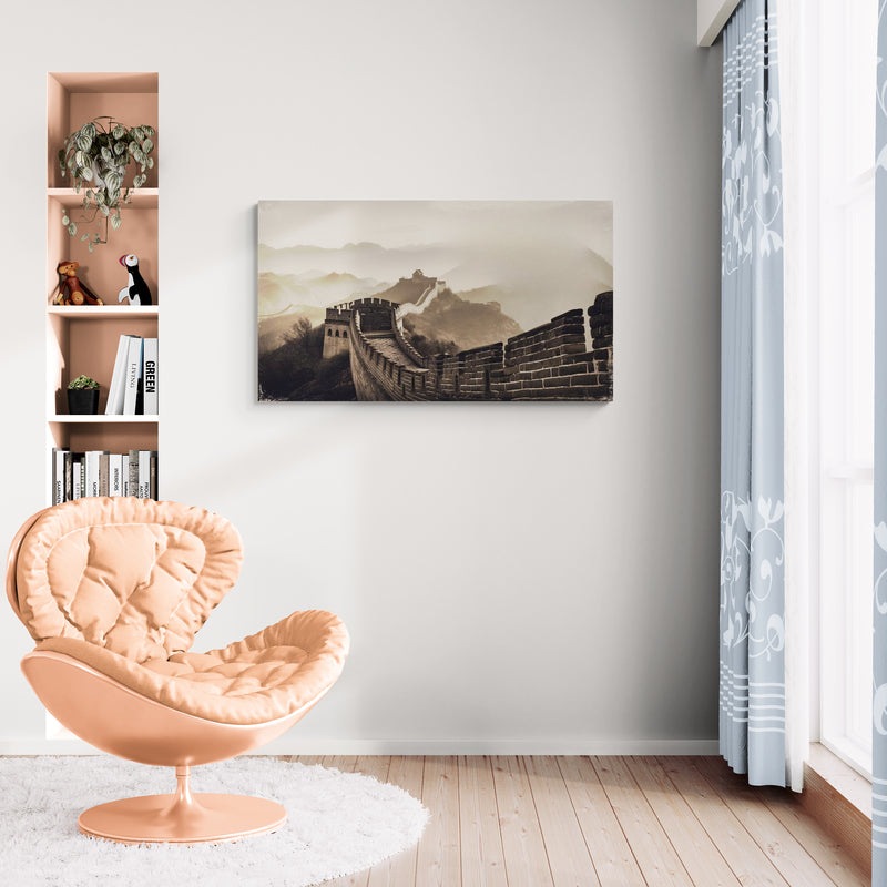Landschap van de Chinese Muur met glooiende heuvels in sepiatint – Canvas wanddecoratie
