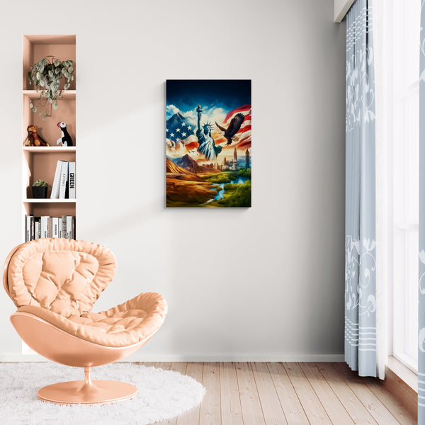 Stadsgezicht met Standbeeld Canvas – Kleurrijke Skyline Wanddecoratie