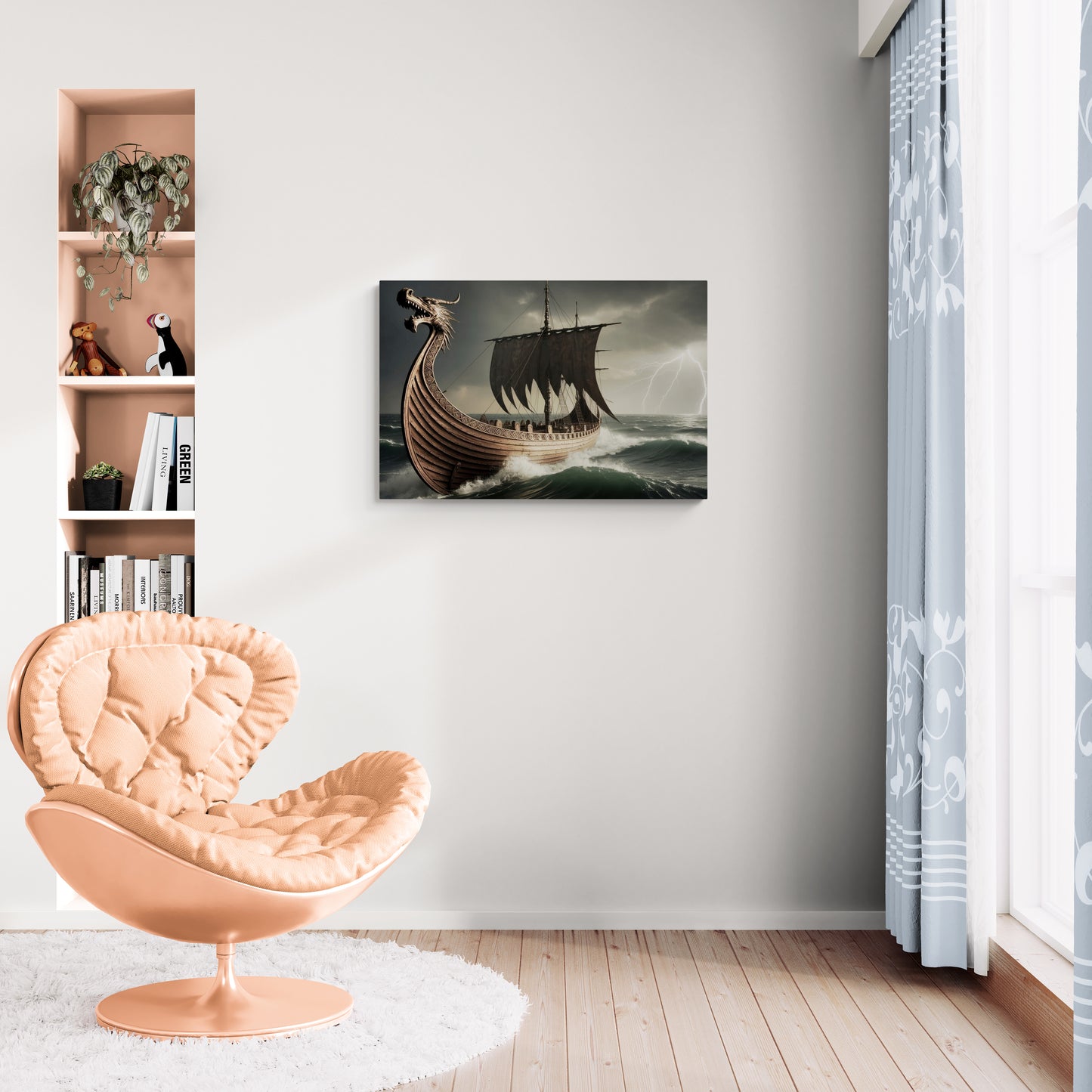 Historisch langschip vaart door stormachtige zee - Canvas wandkunst