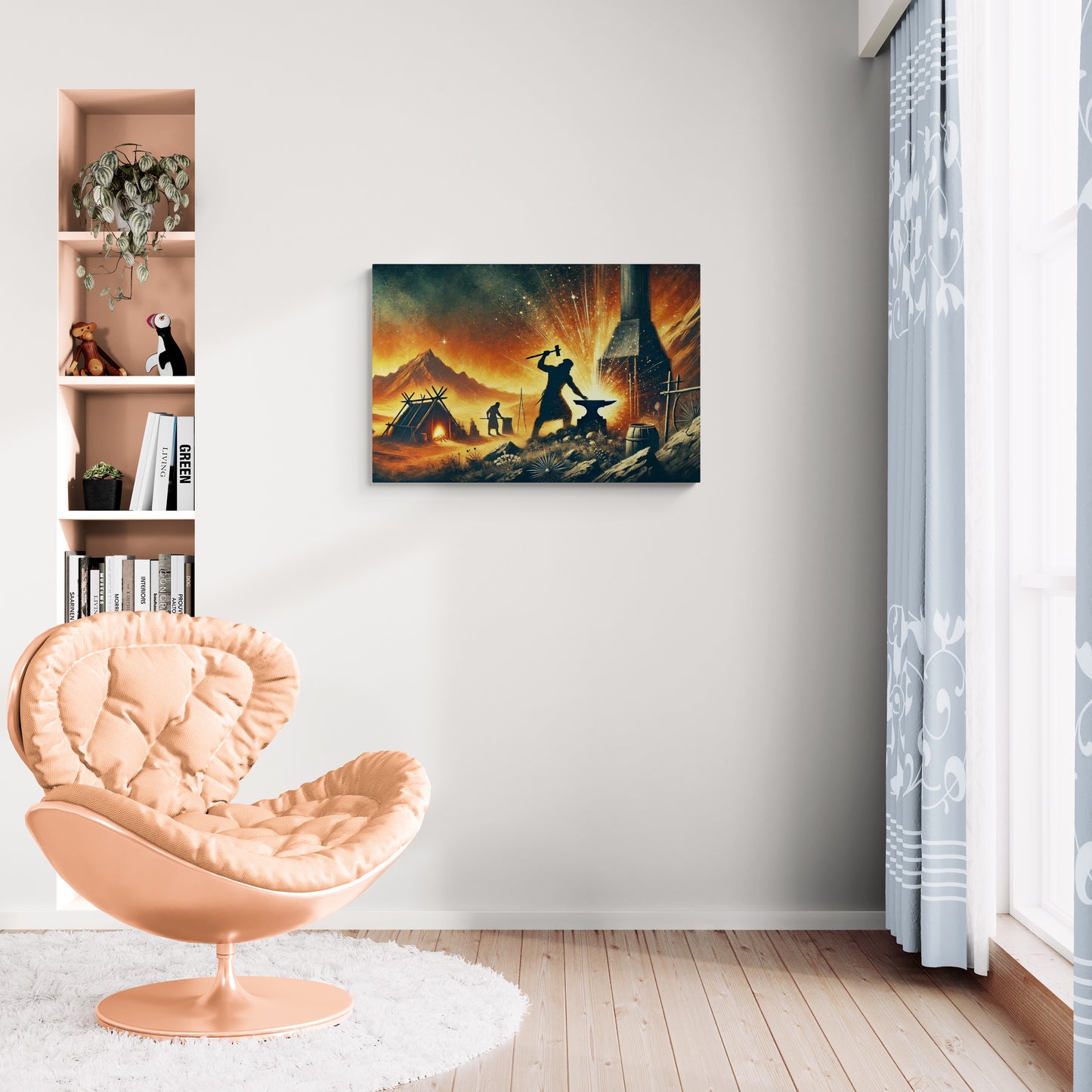 Smid aan het werk in een smidse in een rustiek nachtlandschap – Canvas wandkunst
