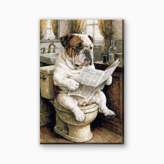 Bulldog met krant op het toilet canvas schilderij in bruin en creme
