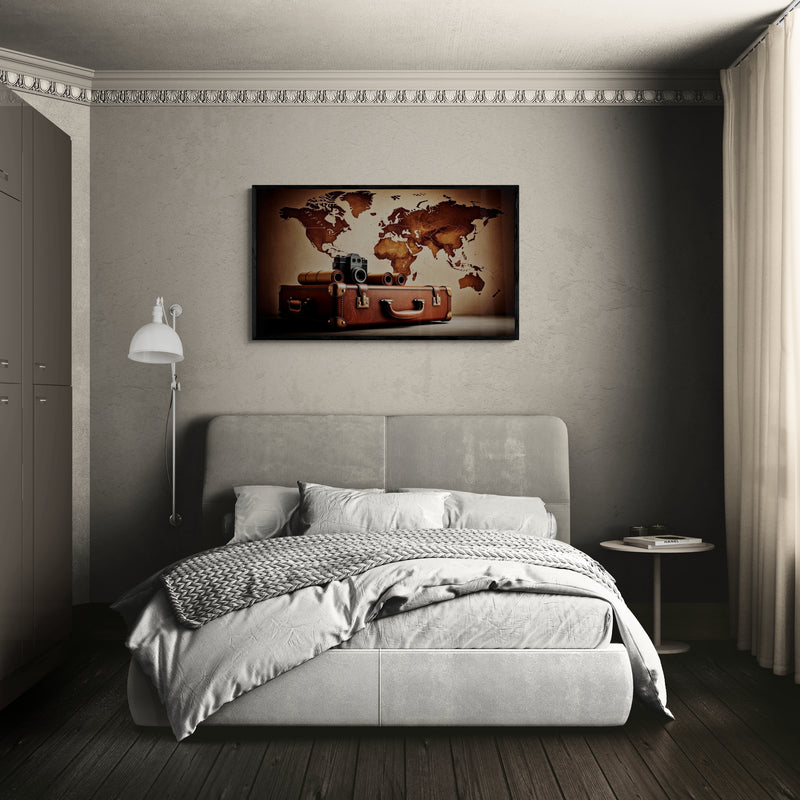 Vintage reiskoffer en wereldkaart – Canvas wandkunst