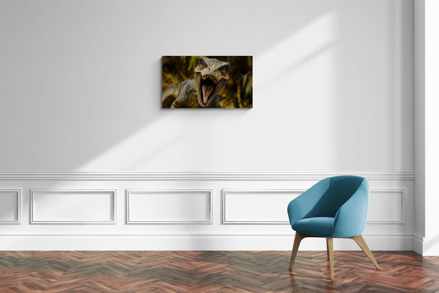 Roofvogel brult in de jungle met scherpe tanden en intense ogen – Canvas wanddecoratie