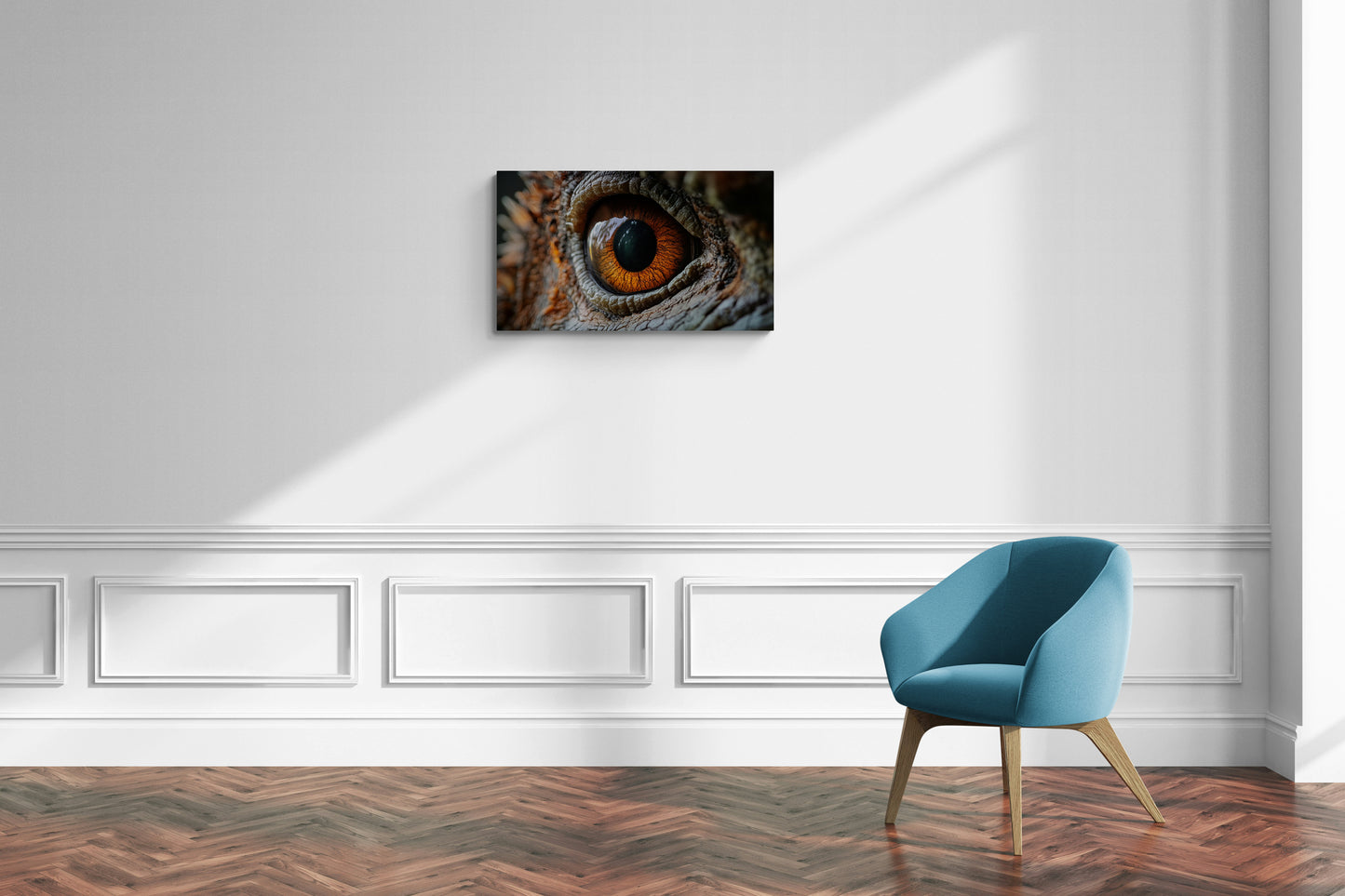 Close-up van een dinosaurusoog met oranje iris en huidtextuur – Canvas wanddecoratie