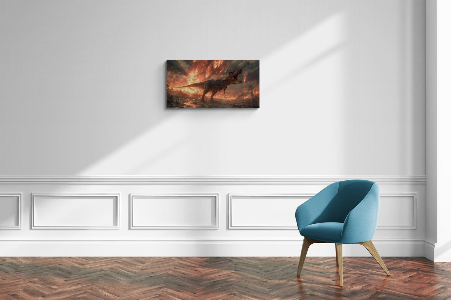 T-Rex brult in vulkanisch landschap met vuur- en aseffecten - Canvas wandkunst