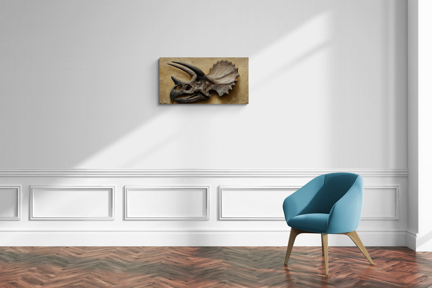 Illustratie van een fossiele schedel van een Triceratops op een getextureerde stenen achtergrond – Canvas wandkunst