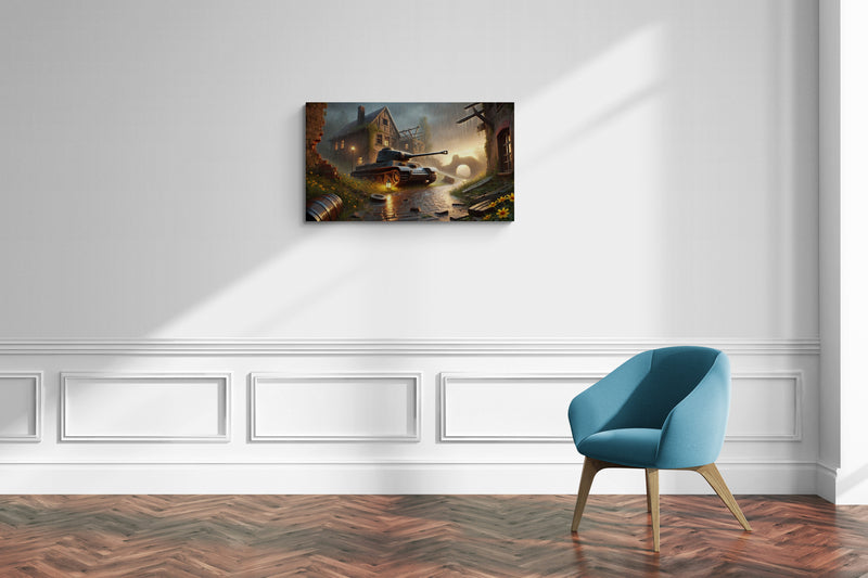 Historische militaire tank in regenachtig dorpslandschap bij zonsondergang - Canvas wandkunst