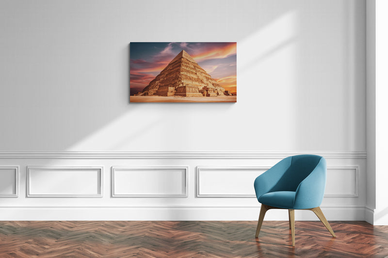 Trappiramide van Djoser in zonsonderganghemel met oud-Egyptisch ontwerp - Canvas wandkunst