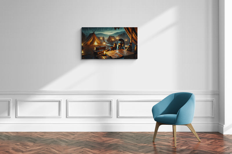 Oud Romeins militair kamp met tenten en harnassen in regenachtig landschap - Canvas wandkunst