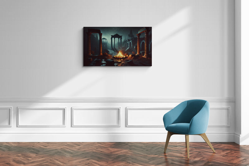 Oude Romeinse ruïnes met kampvuur in nachtscène - Canvas wandkunst
