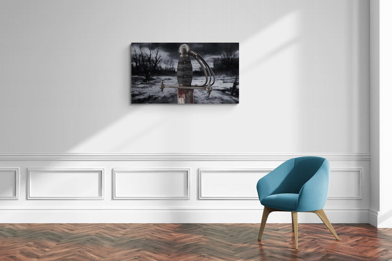 Canvaskunst met historisch zwaardgevest in winterlandschap