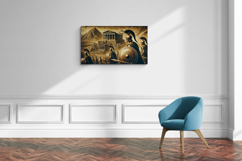 Oude Griekse krijgers met historische tempels op de achtergrond - Canvas wandkunst