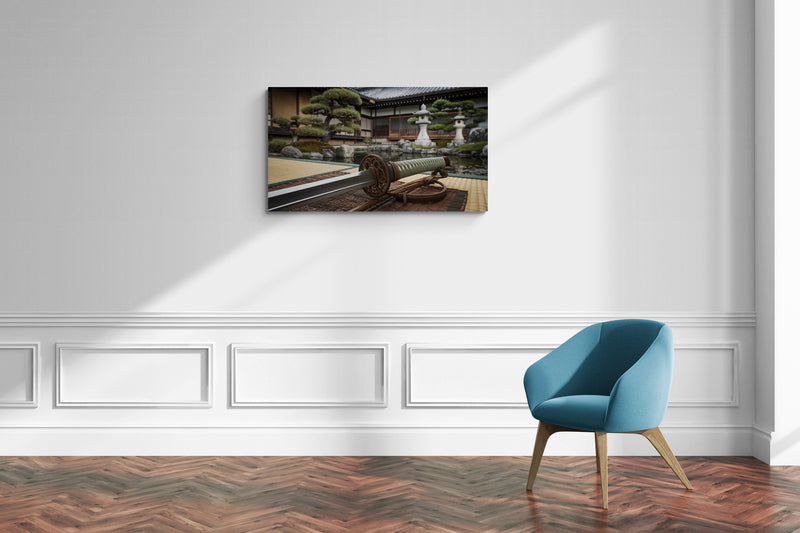 Japanese Garden with Katana on Tatami Canvas – Oriental Wall Art