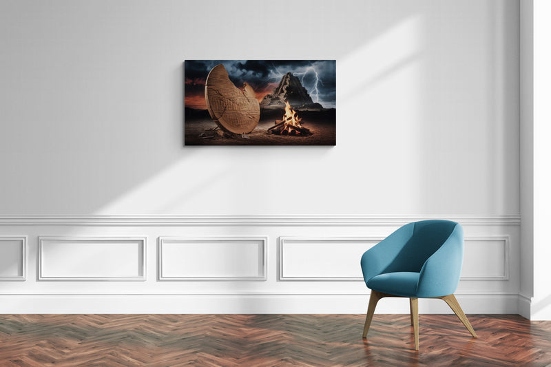 Oude stenen plaat met kampvuur en bergachtergrond - Canvas wandkunst