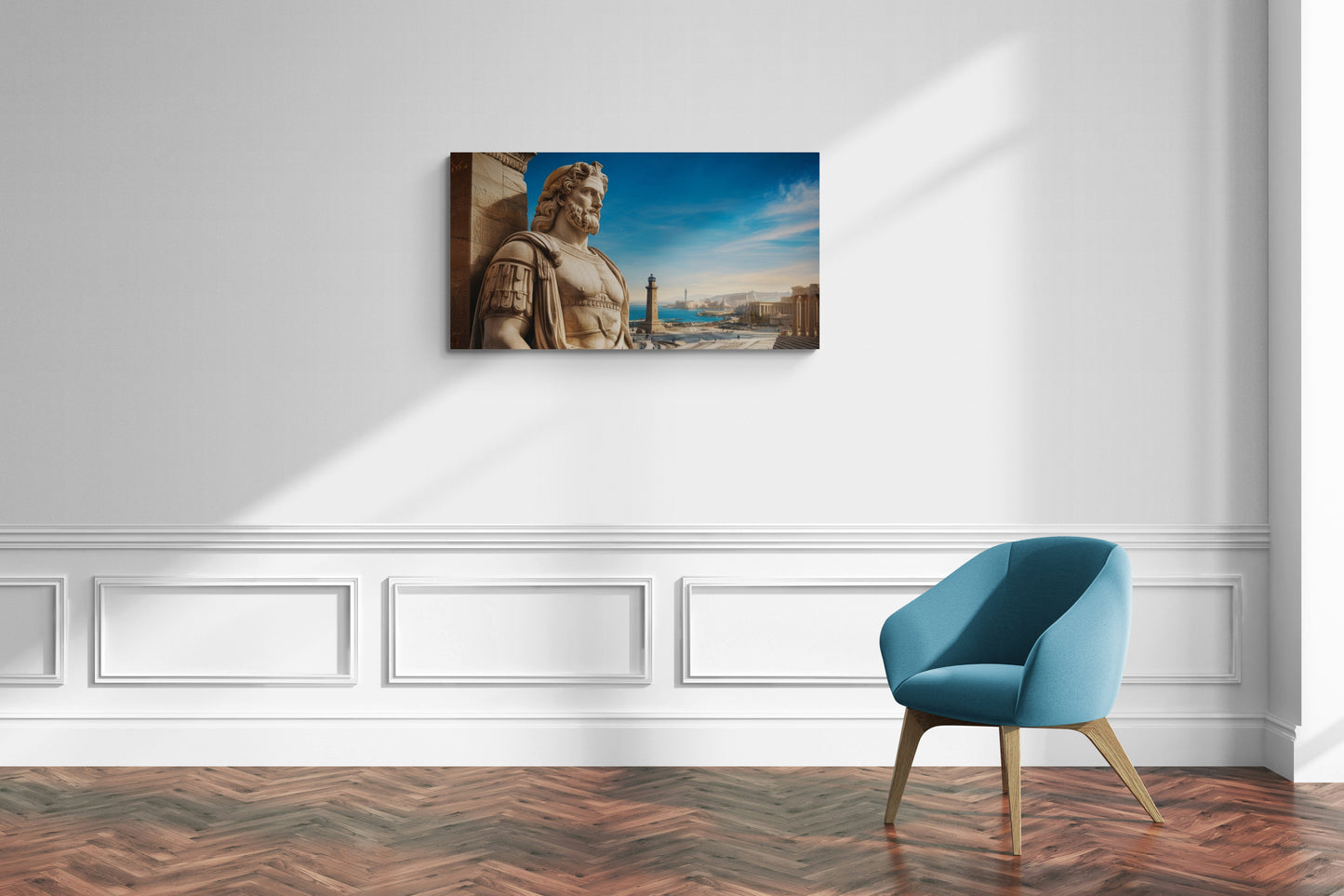 Marmeren standbeeld met uitzicht op kuststad met blauwe lucht - Canvas wandkunst