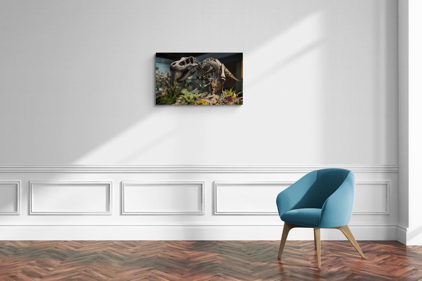 T-Rex skelet tentoongesteld in botanische museumomgeving – Canvas wandkunst
