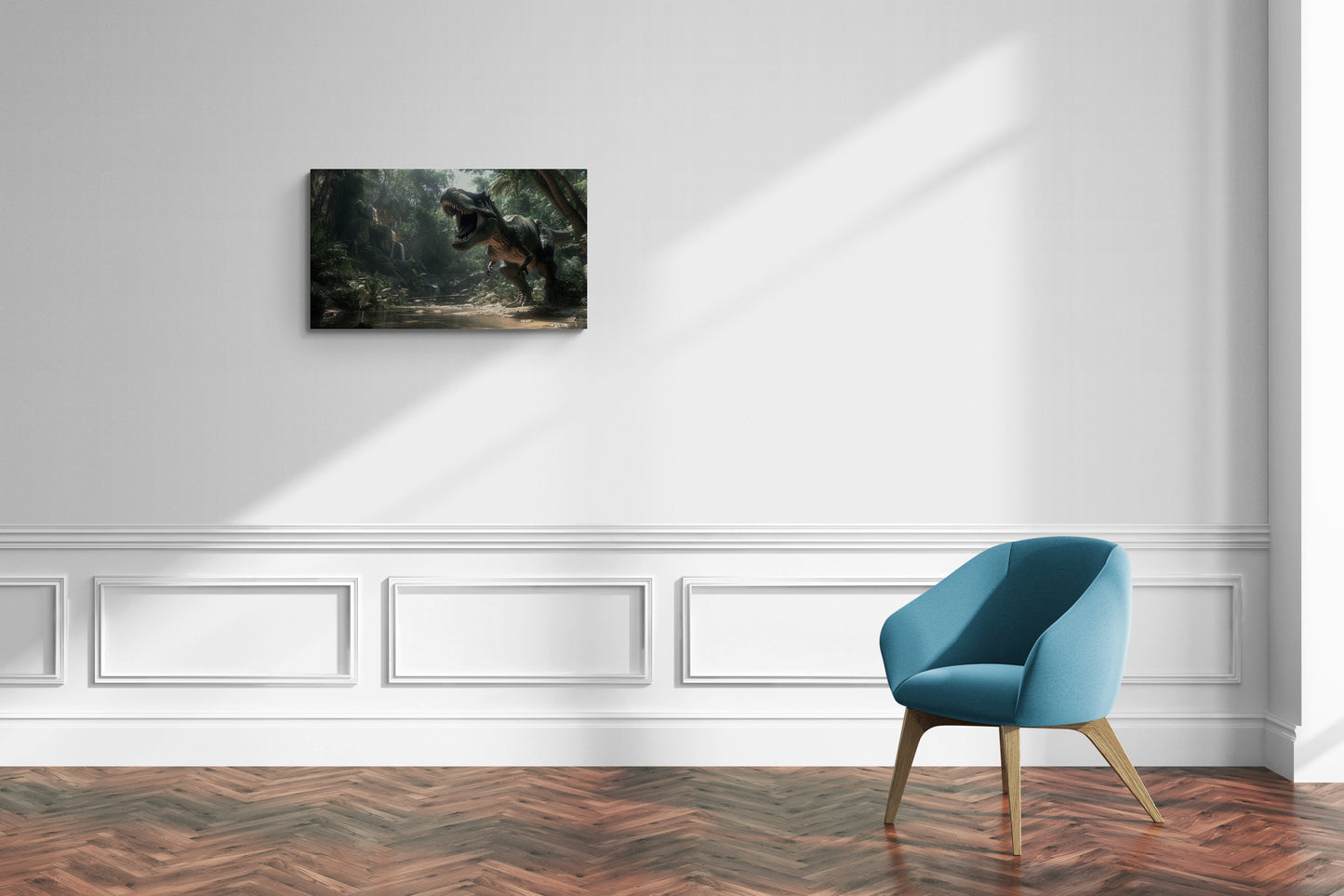 T-Rex brult in de jungle met zonlicht - Canvas wandkunst