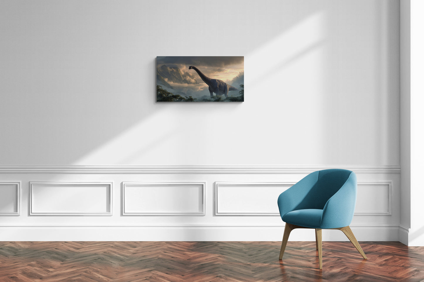 Brachiosaurus in mistige bergjungle bij zonsopgang - Canvas wanddecoratie