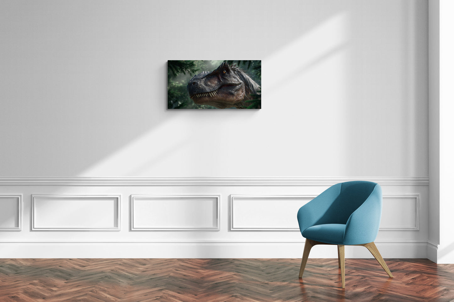 Close-up van een T-Rex-kop in de jungle met natuurlijk licht – Canvas wandkunst